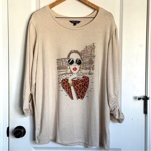 Love and Lace Beige Graphic Long Sleeve Top Size 3X